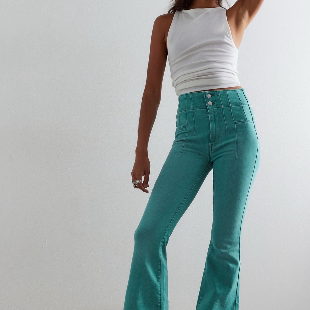 Free People Blue Flare Wide Leg Jeans- sold out color Tourmaline regular length